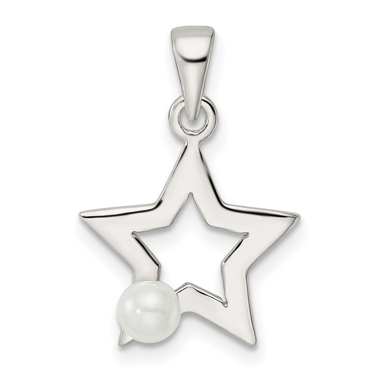 Sterling Silver Star Pendant with Open Design and Simulated Pearl Accent, Celestial Style Jewelry