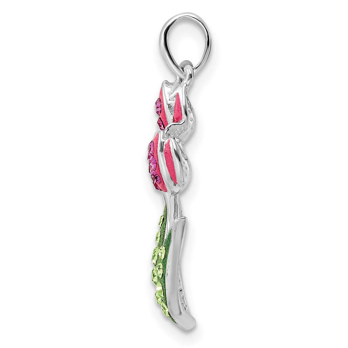 Sterling Silver Tulip Flower Pendant with Pink and Green Cubic Zirconia, Nature-Inspired Design