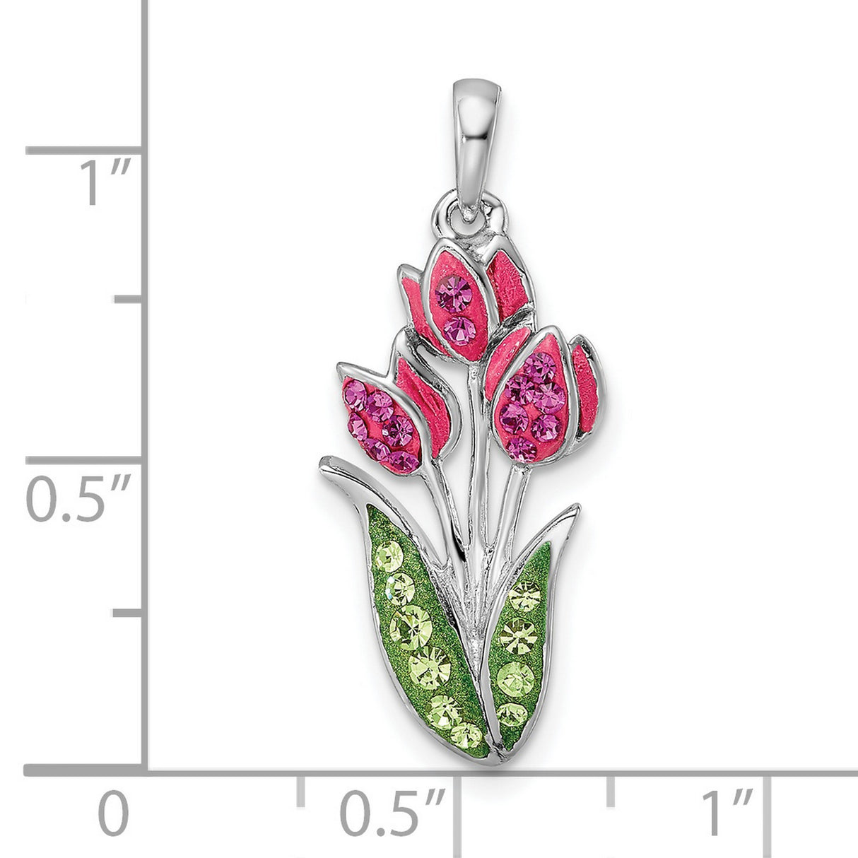 Sterling Silver Tulip Flower Pendant with Pink and Green Cubic Zirconia, Nature-Inspired Design
