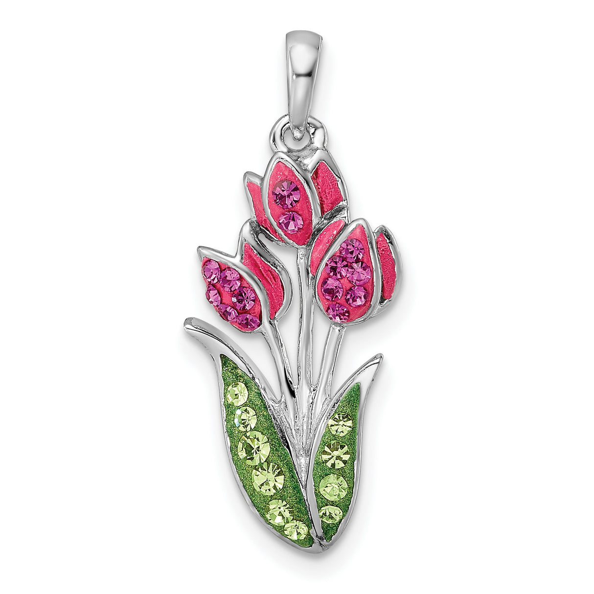 Sterling Silver Tulip Flower Pendant with Pink and Green Cubic Zirconia, Nature-Inspired Design