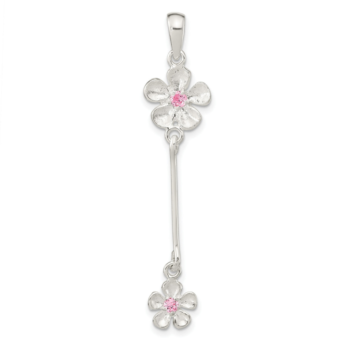 Sterling Silver Pendant with Cubic Zirconia, Floral Design with Pink Gemstone Centers