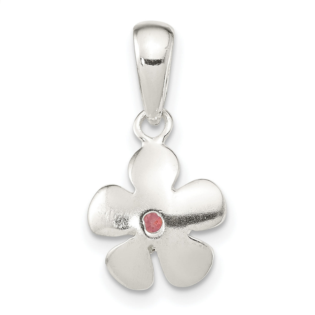 Sterling Silver Flower Pendant with Pink Cubic Zirconia Center, Five Petal Floral Charm