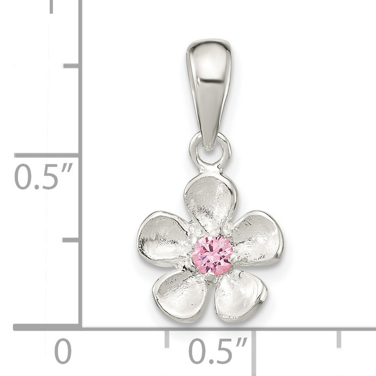 Sterling Silver Flower Pendant with Pink Cubic Zirconia Center, Five Petal Floral Charm