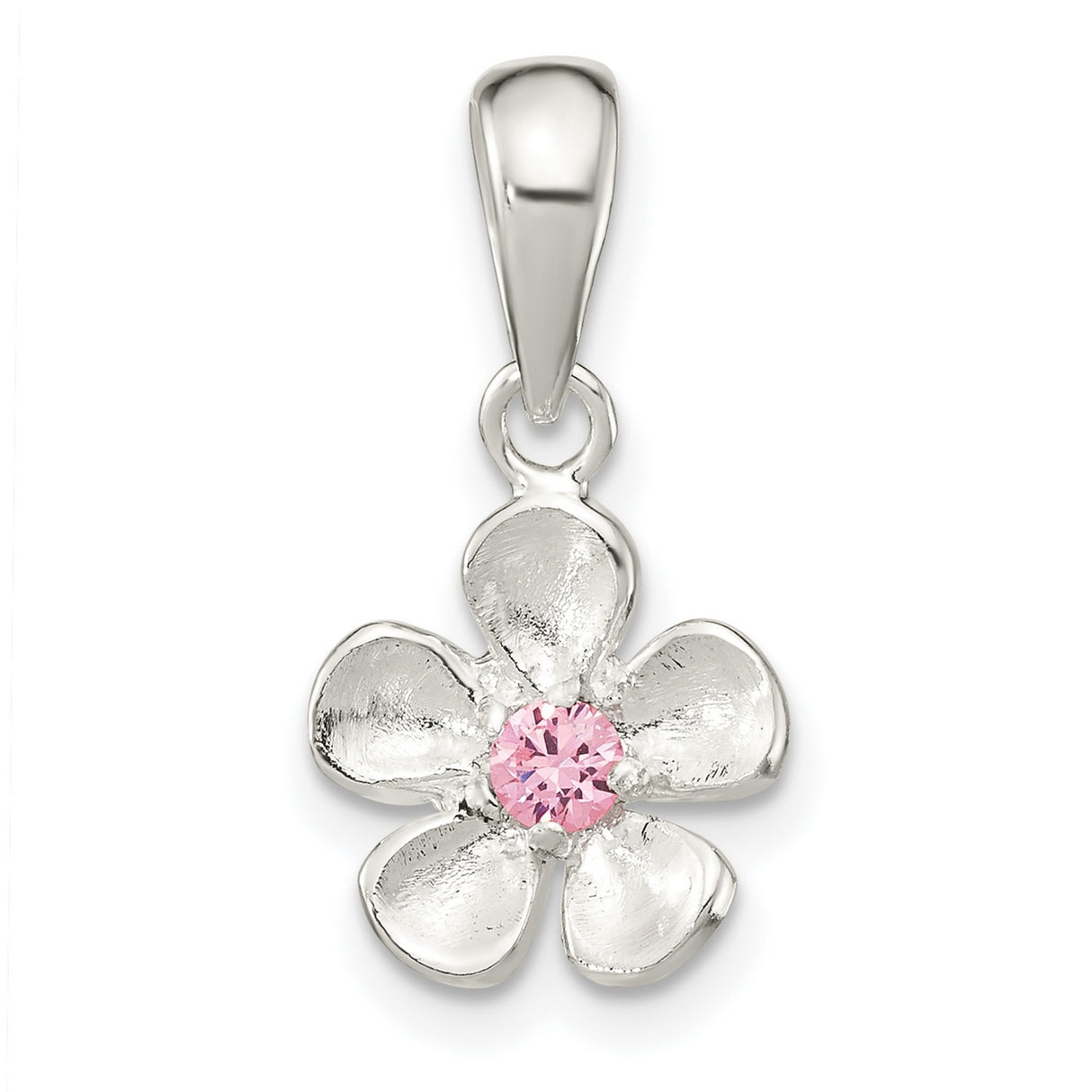 Sterling Silver Flower Pendant with Pink Cubic Zirconia Center, Five Petal Floral Charm