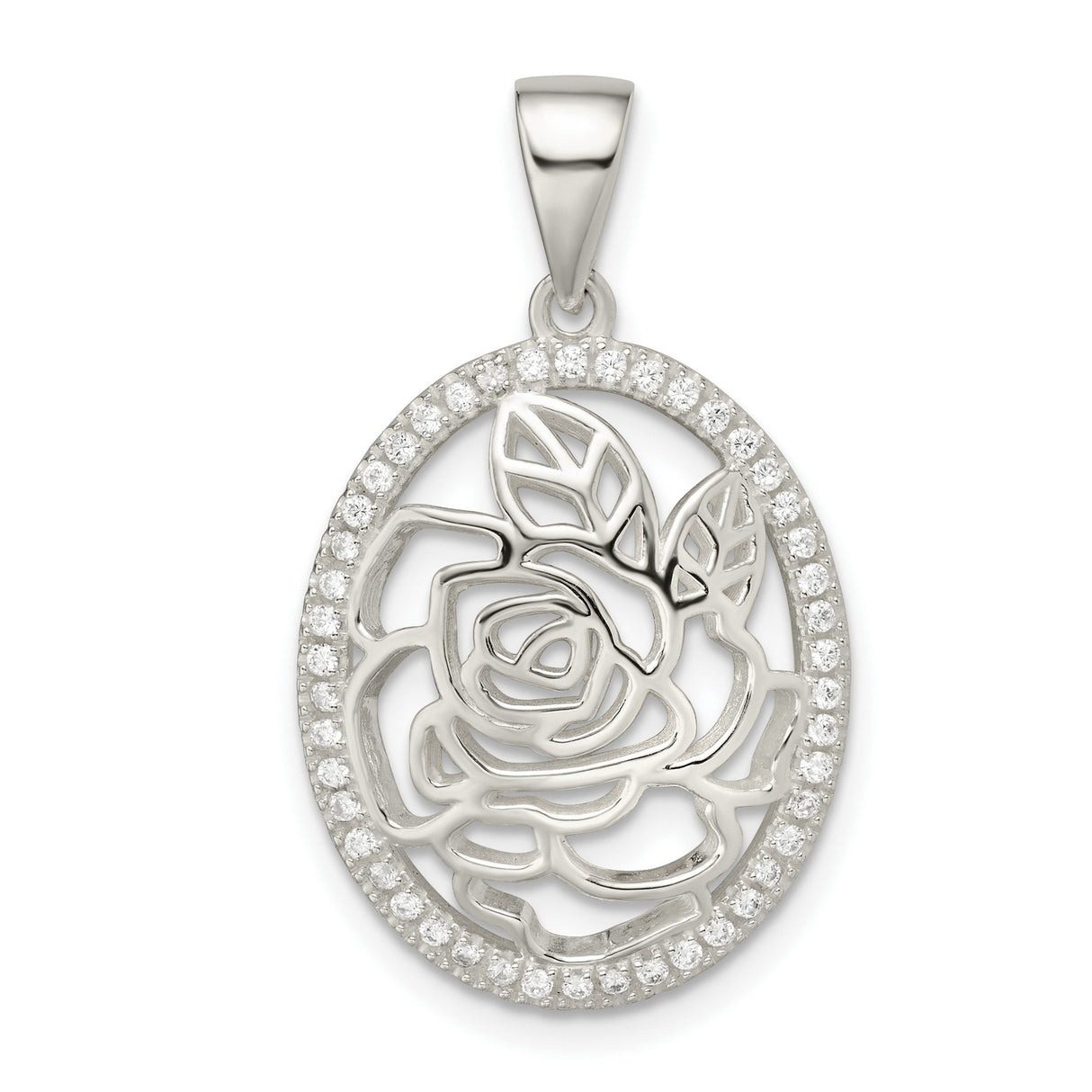 Sterling Silver Rose Pendant with Cubic Zirconia, Openwork Floral Design, Nature Inspired Jewelry
