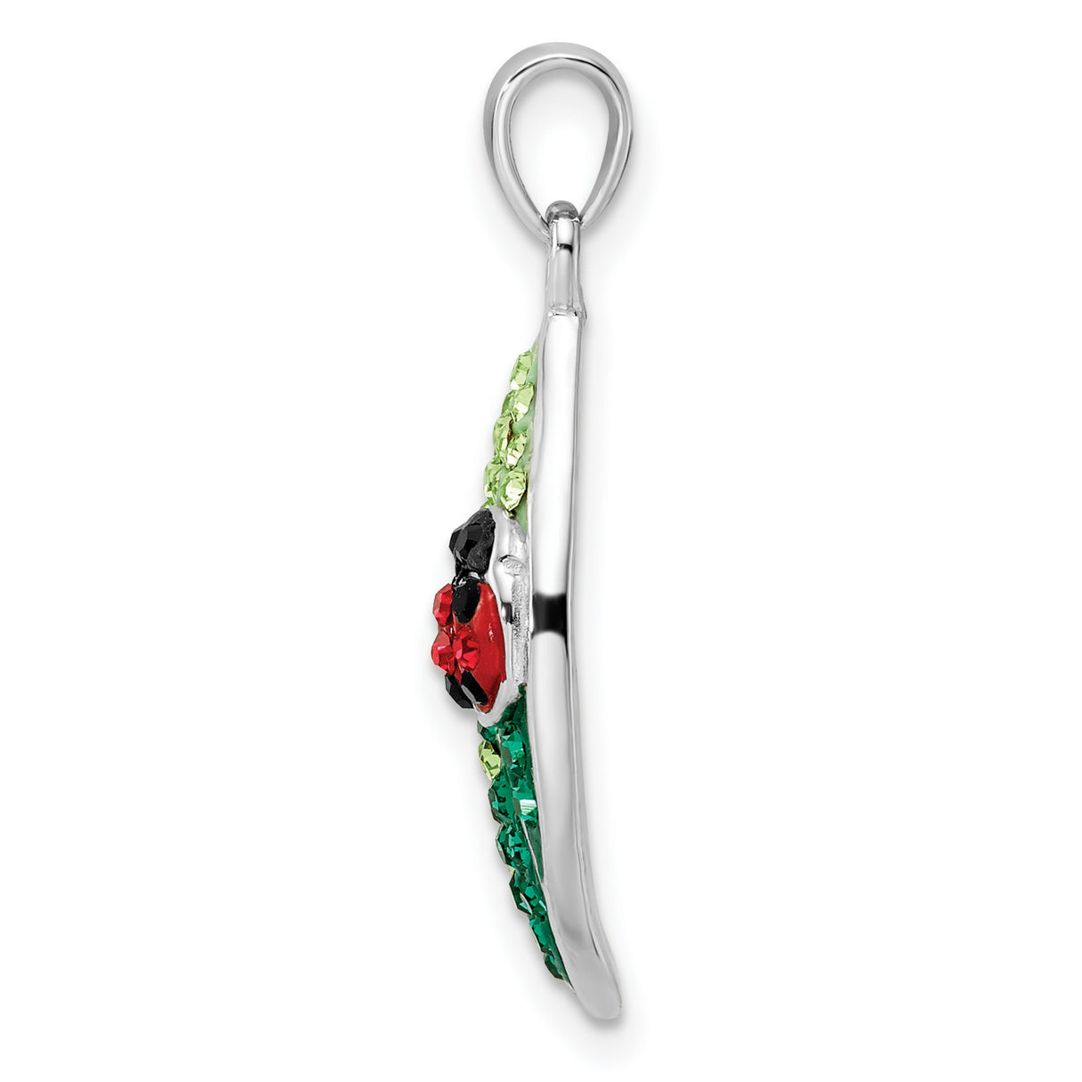 Sterling Silver Leaf Pendant with Red Green Black Crystals, Ladybug Garden Theme
