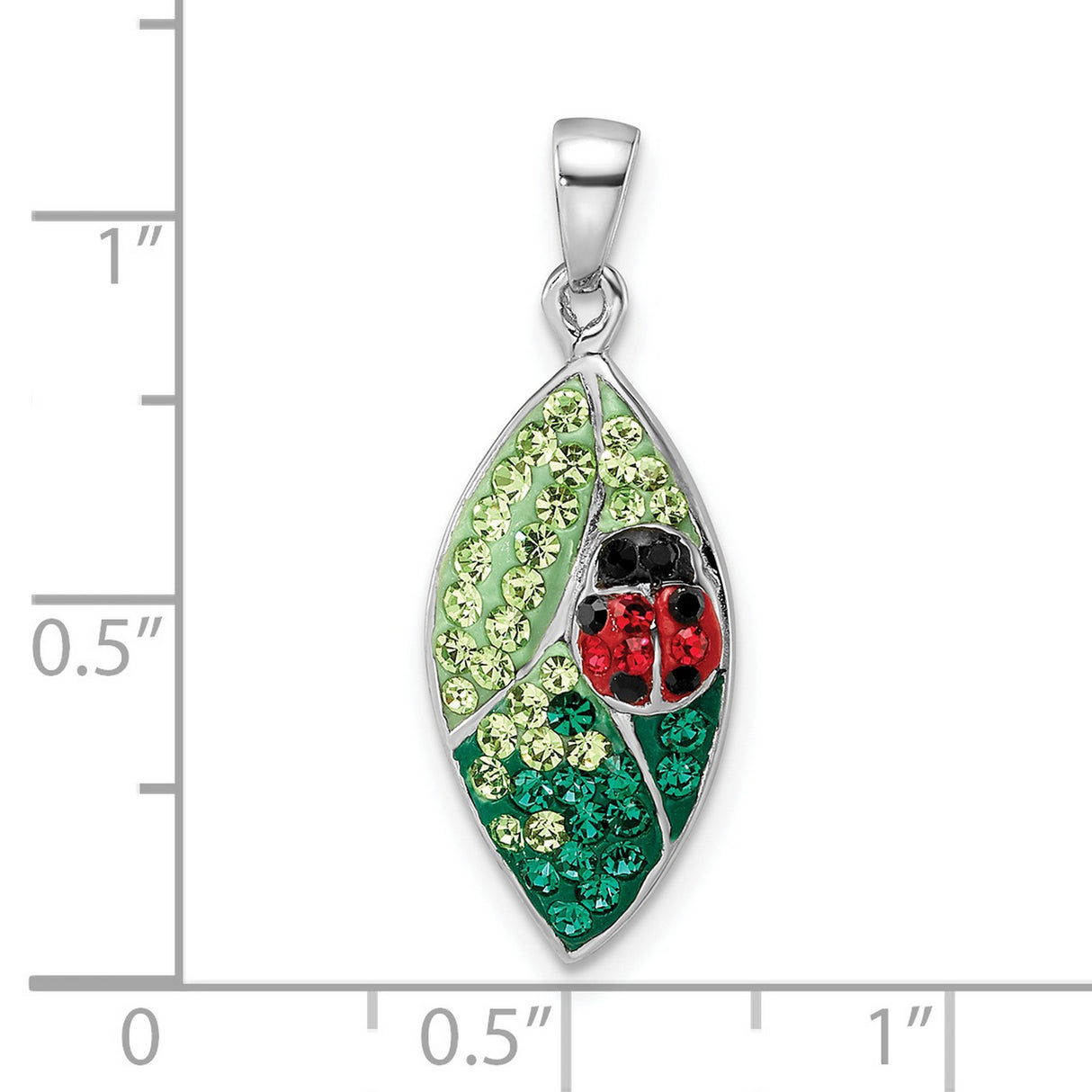 Sterling Silver Leaf Pendant with Red Green Black Crystals, Ladybug Garden Theme