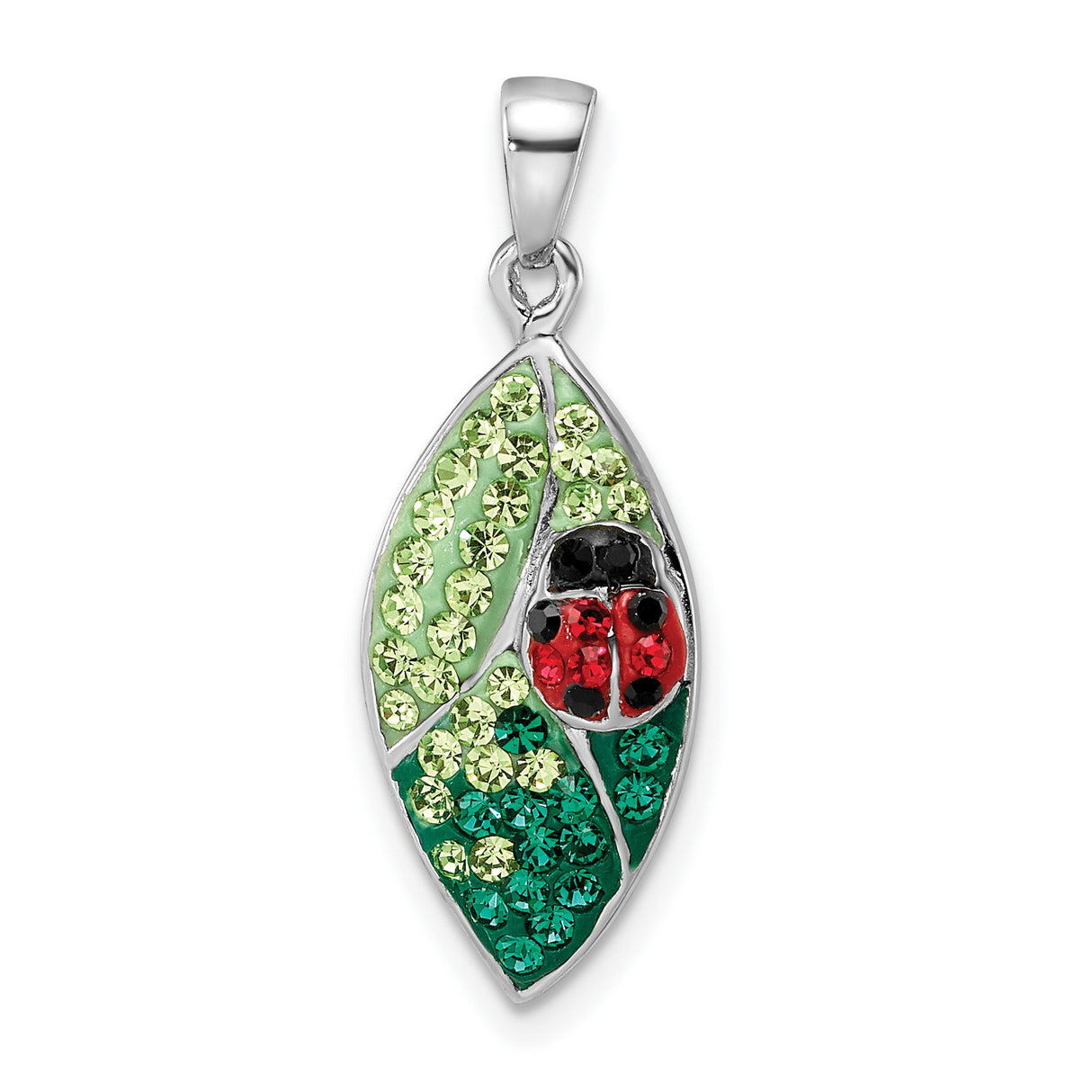 Sterling Silver Leaf Pendant with Red Green Black Crystals, Ladybug Garden Theme