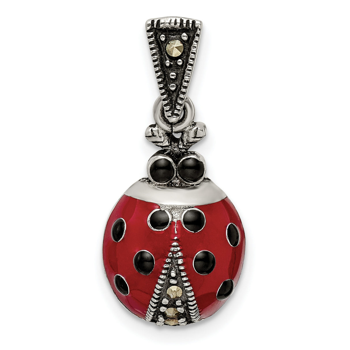 Sterling Silver Ladybug Pendant with Marcasite Accents and Enamel, Nature-Inspired Charm