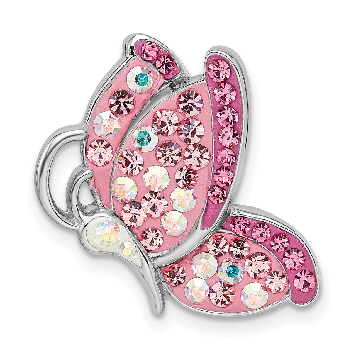 Sterling Silver Butterfly Charm with Pink and Iridescent Crystals, Nature-Inspired Slide Charm