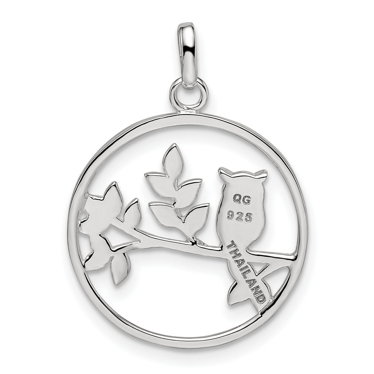 Sterling Silver Owl Pendant with Detailed Bird on Leafy Branch in Circular Frame