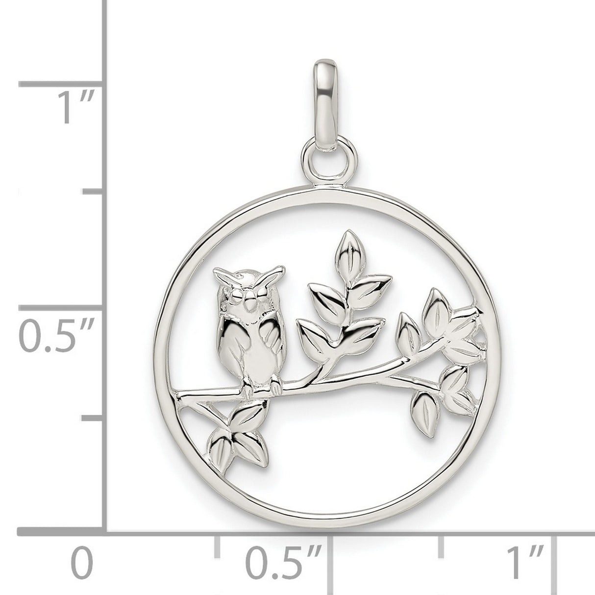 Sterling Silver Owl Pendant with Detailed Bird on Leafy Branch in Circular Frame