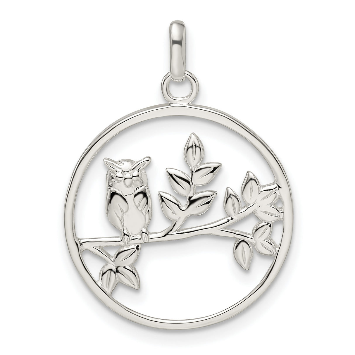 Sterling Silver Owl Pendant with Detailed Bird on Leafy Branch in Circular Frame
