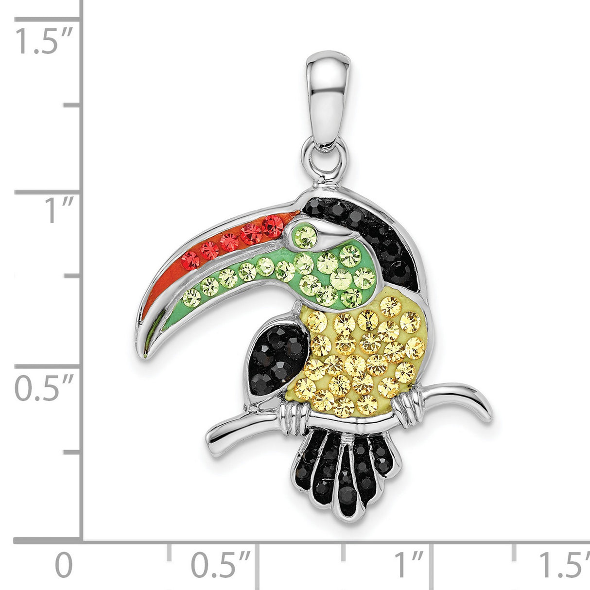 Sterling Silver Toucan Pendant with Red, Green, and Yellow Crystals, Tropical Bird Jewelry for Women