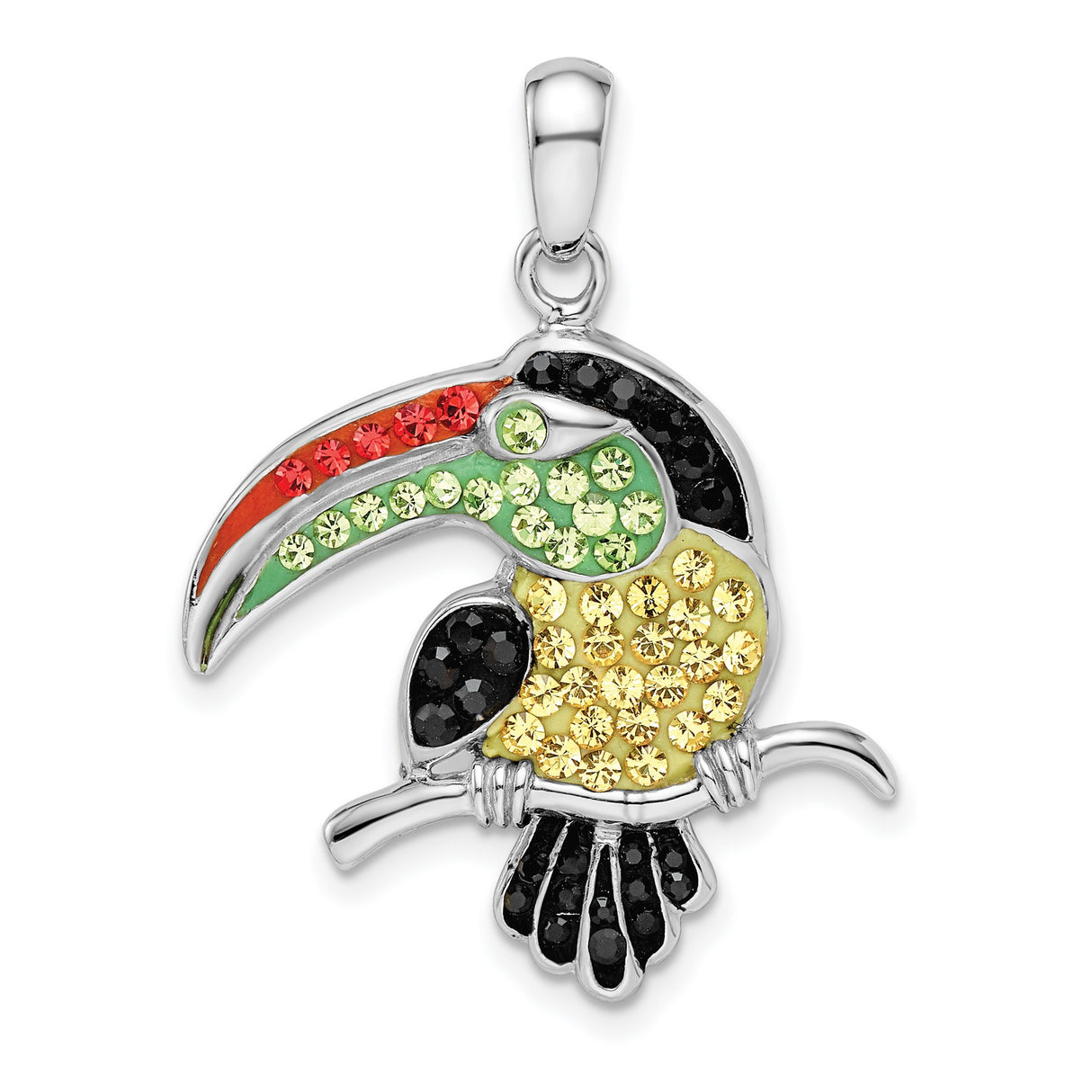 Sterling Silver Toucan Pendant with Red, Green, and Yellow Crystals, Tropical Bird Jewelry for Women