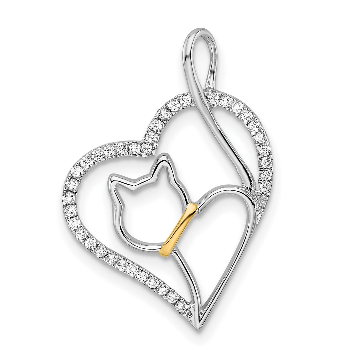 Sterling Silver Cat Silhouette Heart Pendant with Cubic Zirconia Accents