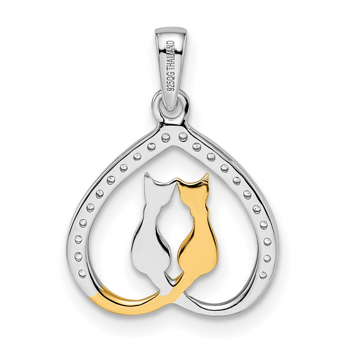 Gold Plated CZ Heart with Two Cats Charm Pendant in Real 925 Sterling SIlver