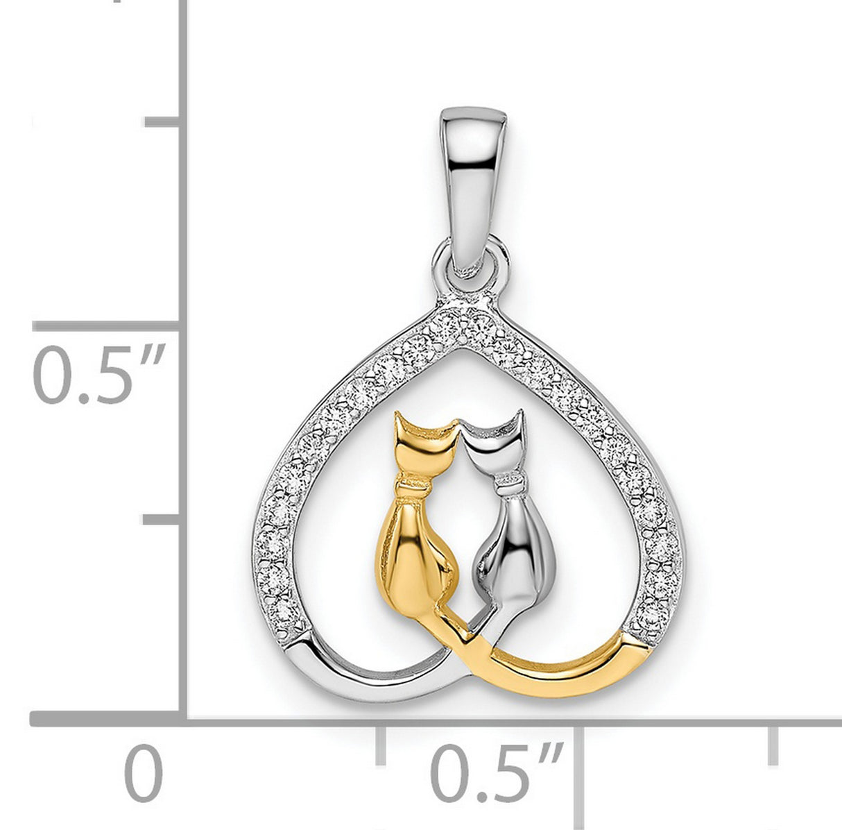 Gold Plated CZ Heart with Two Cats Charm Pendant in Real 925 Sterling SIlver
