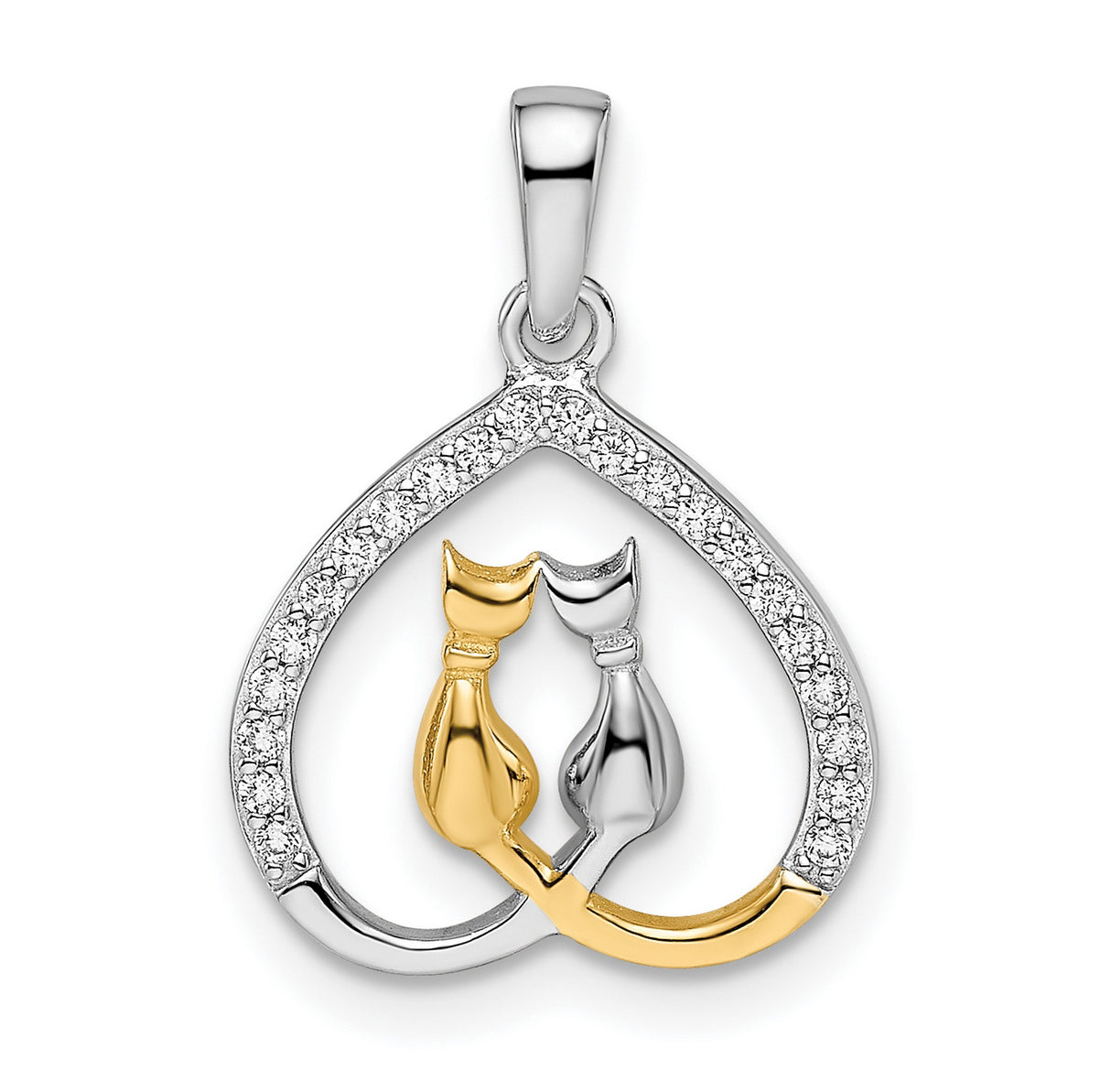 Gold Plated CZ Heart with Two Cats Charm Pendant in Real 925 Sterling SIlver