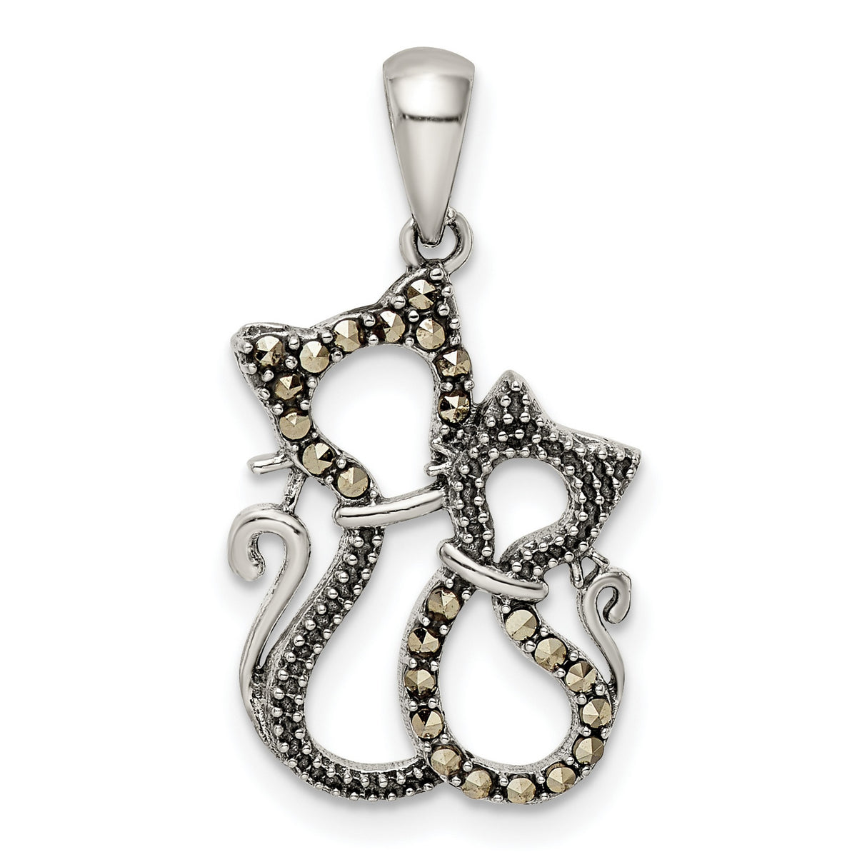 Sterling Silver Cat Pendant with Marcasite Accents, Intertwined Feline Design for Women