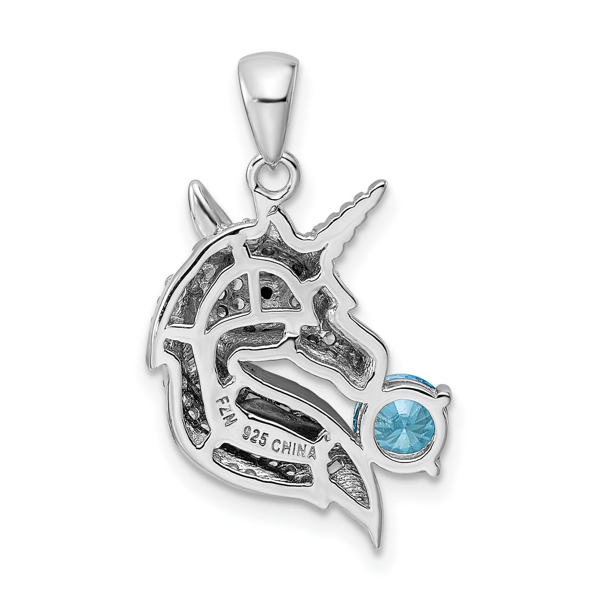 Sterling Silver Unicorn Pendant with Cubic Zirconia and Light Blue Gemstone Accent, Fantasy Jewelry