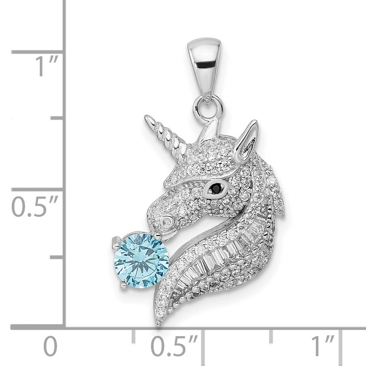 Sterling Silver Unicorn Pendant with Cubic Zirconia and Light Blue Gemstone Accent, Fantasy Jewelry
