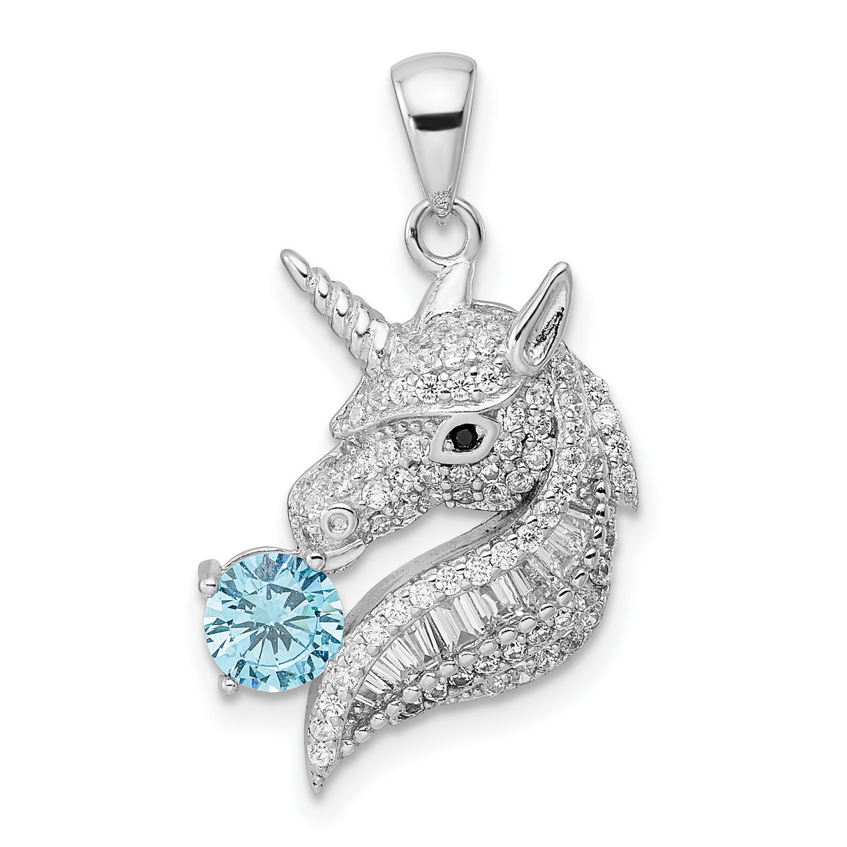 Sterling Silver Unicorn Pendant with Cubic Zirconia and Light Blue Gemstone Accent, Fantasy Jewelry