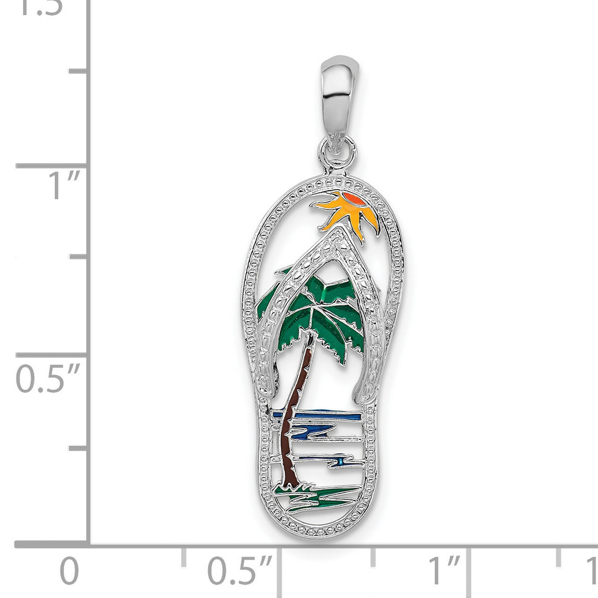Sterling Silver Flip Flop Pendant with Enamel Palm Tree, Sun, and Ocean Waves