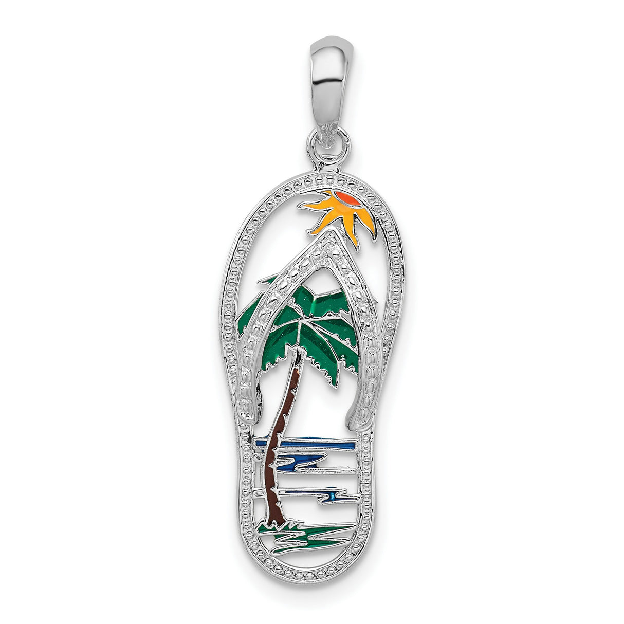 Sterling Silver Flip Flop Pendant with Enamel Palm Tree, Sun, and Ocean Waves