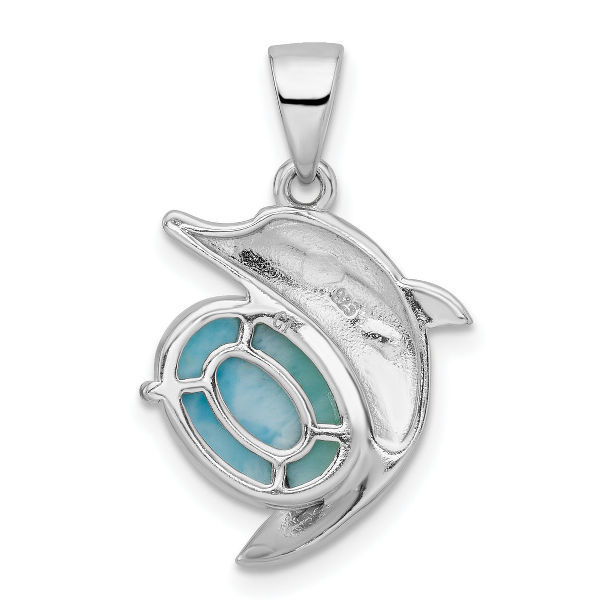 Sterling Silver Dolphin Pendant with Oval Larimar, Open Scroll Ocean Theme