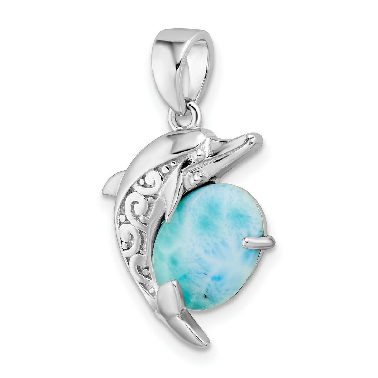 Sterling Silver Dolphin Pendant with Oval Larimar, Open Scroll Ocean Theme