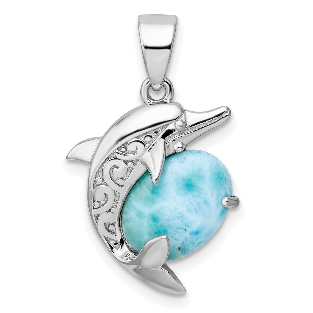 Sterling Silver Dolphin Pendant with Oval Larimar, Open Scroll Ocean Theme