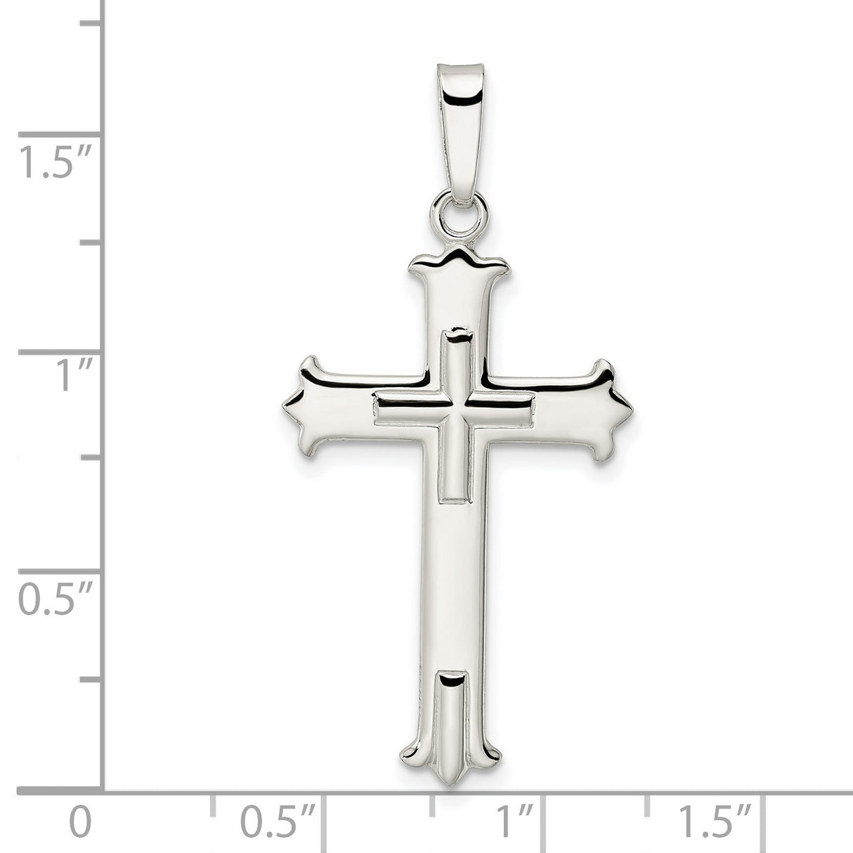 Sterling Silver Cross Pendant with Polished Fleur Design, Religious Symbol for Men and Women
