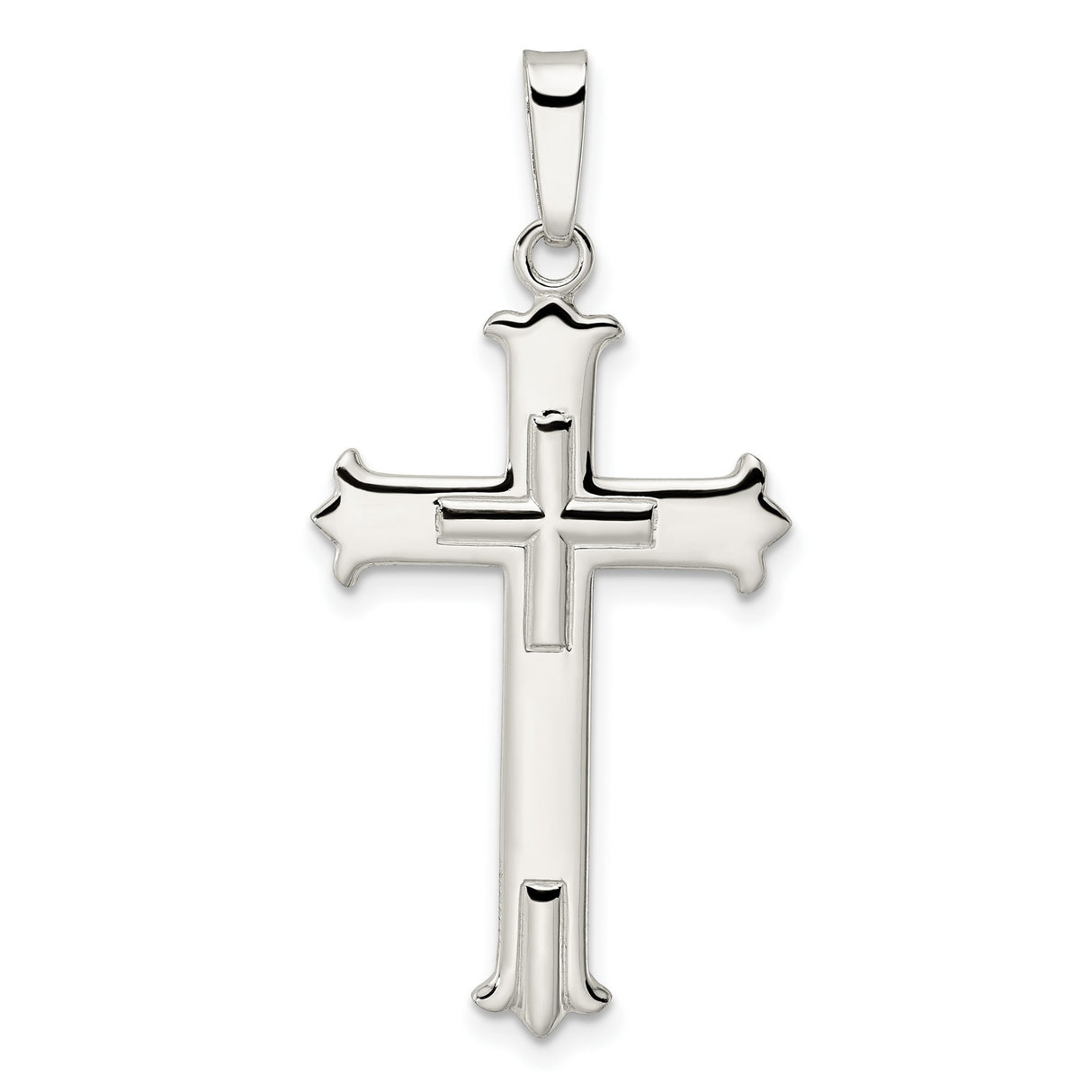 Sterling Silver Cross Pendant with Polished Fleur Design, Religious Symbol for Men and Women