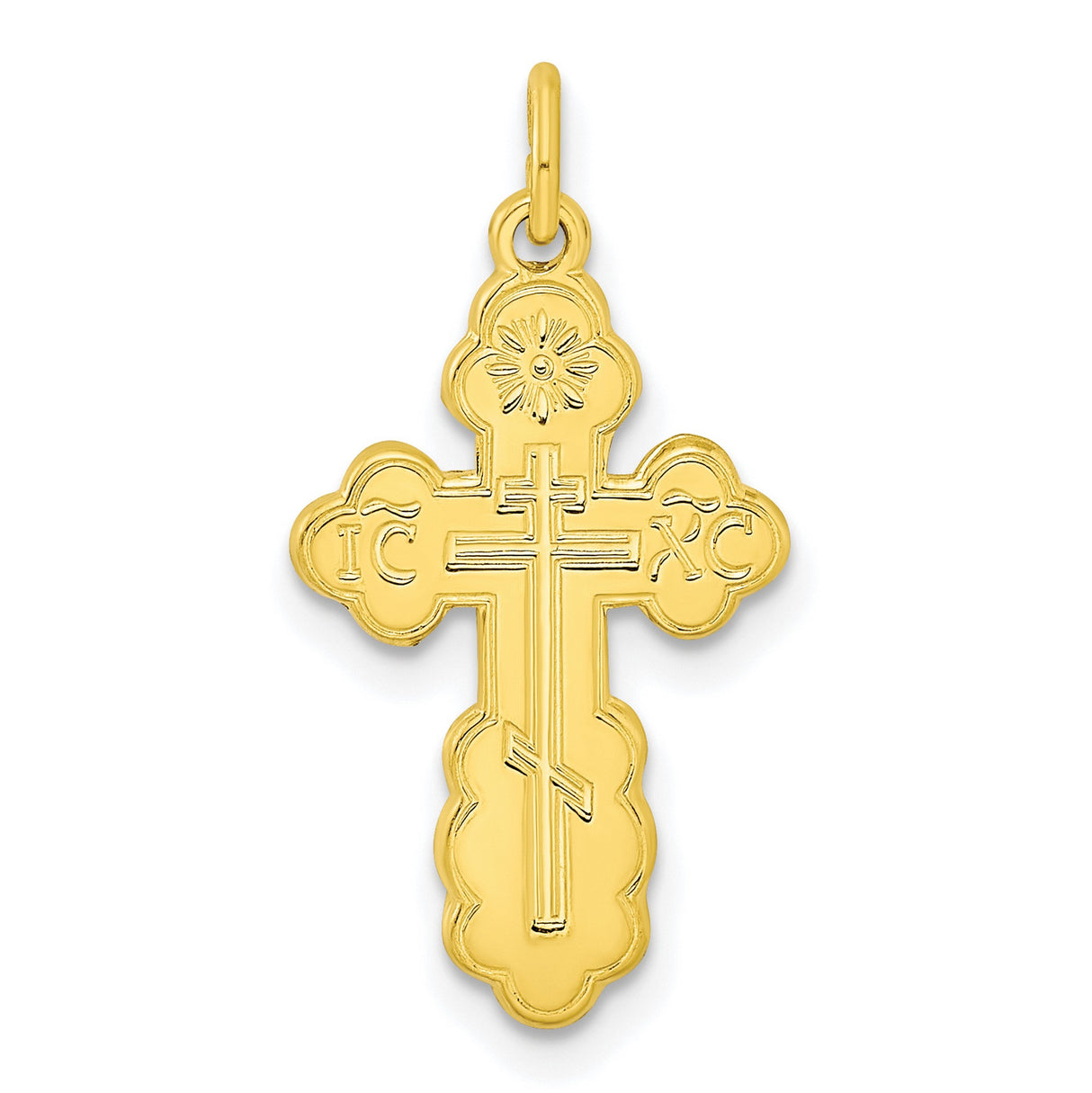 Sterling Silver Eastern Orthodox Cross Pendant with Triple Bar and Scalloped Edge