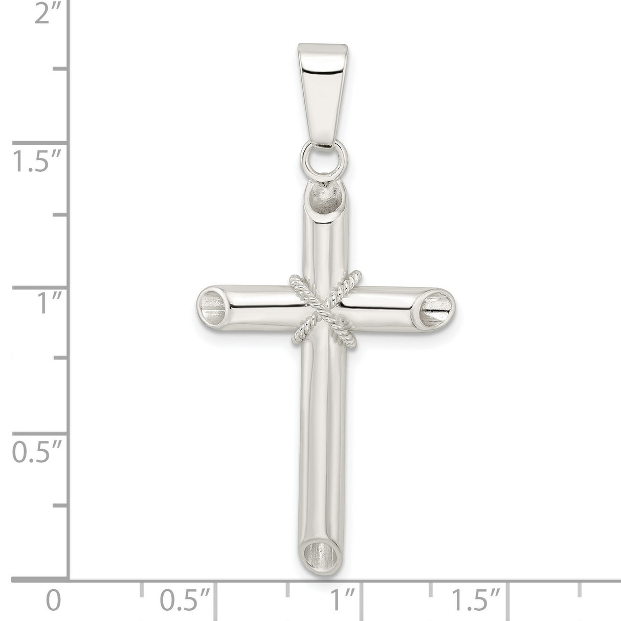 Sterling Silver Cross Pendant with Tube and Rope Detail, Modern Minimalist Religious Design