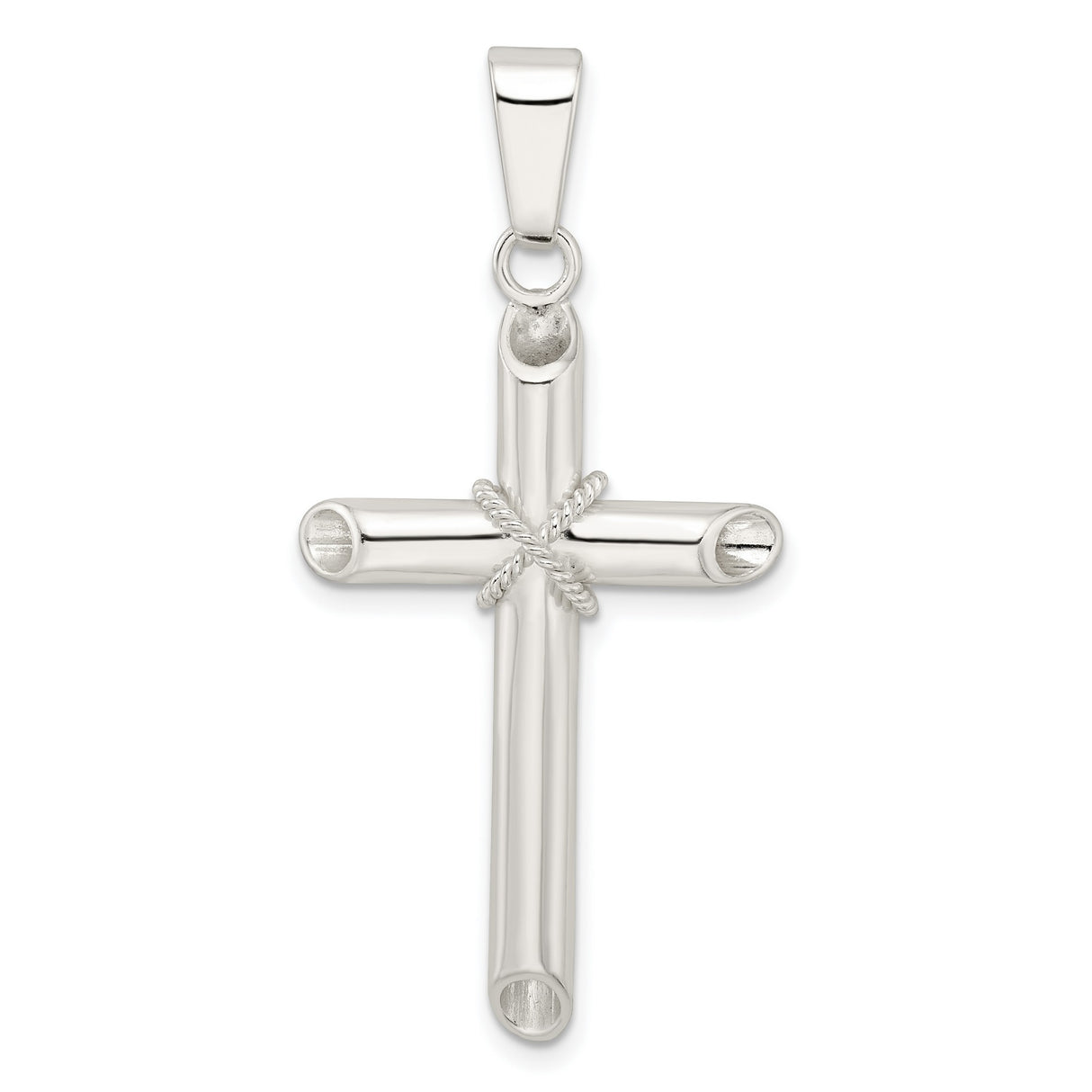 Sterling Silver Cross Pendant with Tube and Rope Detail, Modern Minimalist Religious Design