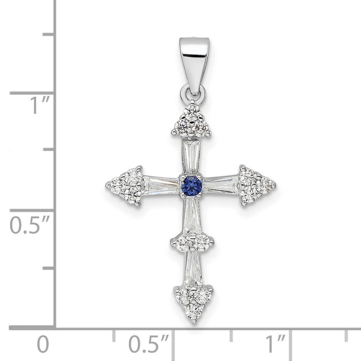 Sterling Silver Cross Pendant with Blue Gemstone and Cubic Zirconia Accents