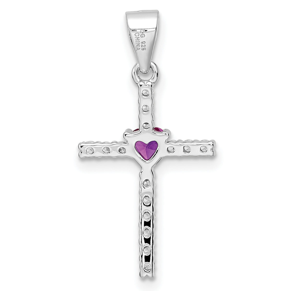 Sterling Silver Cross Pendant with Pink Cubic Zirconia, Heart Charm, and Reflective Accents