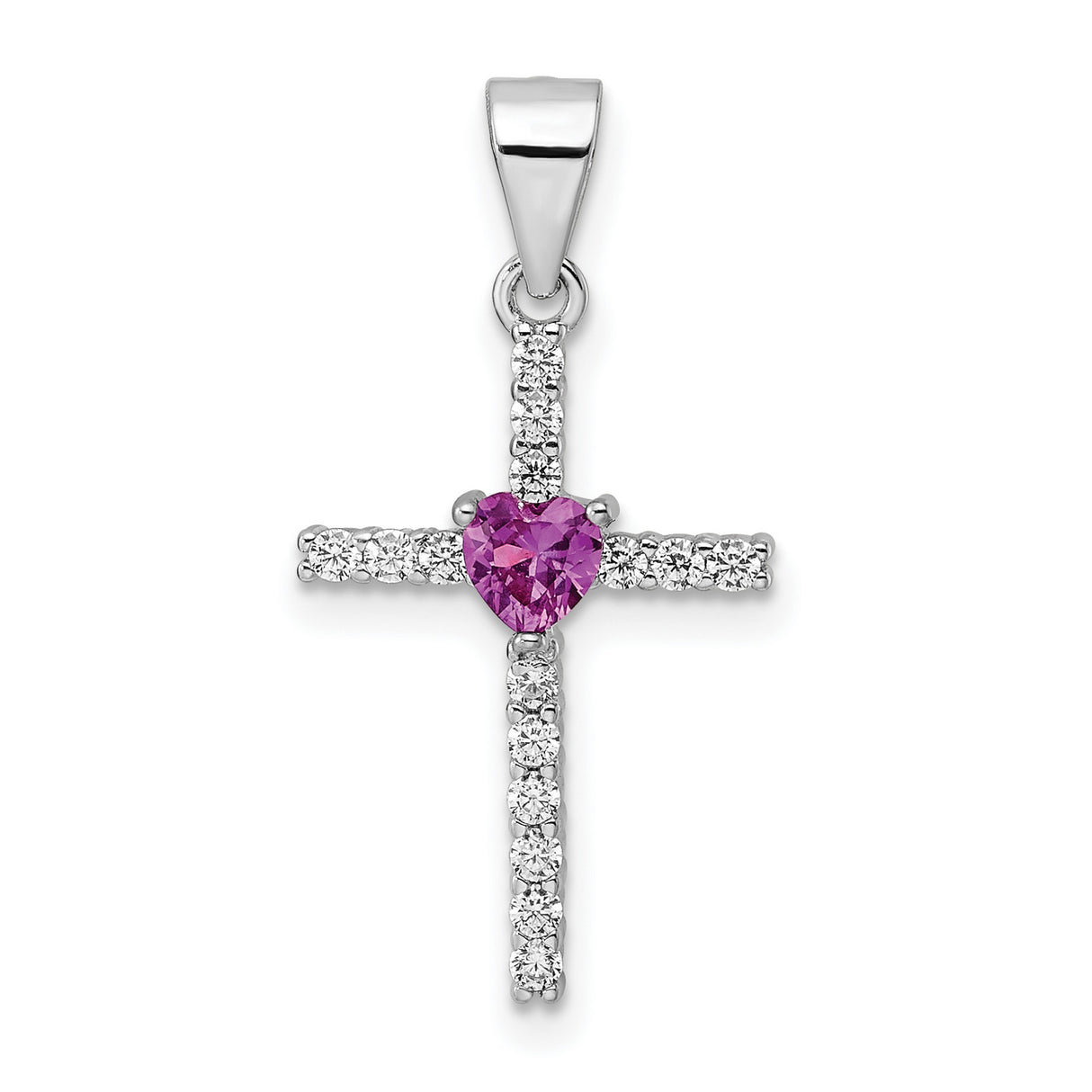 Sterling Silver Cross Pendant with Pink Cubic Zirconia, Heart Charm, and Reflective Accents