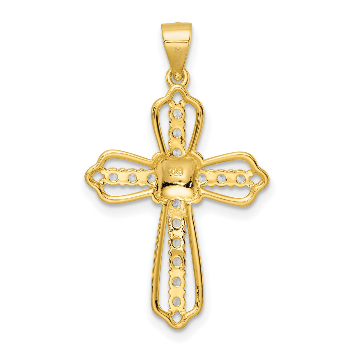 Sterling Silver Cross Pendant with Cubic Zirconia, Polished Gold Tone, Spiritual Style