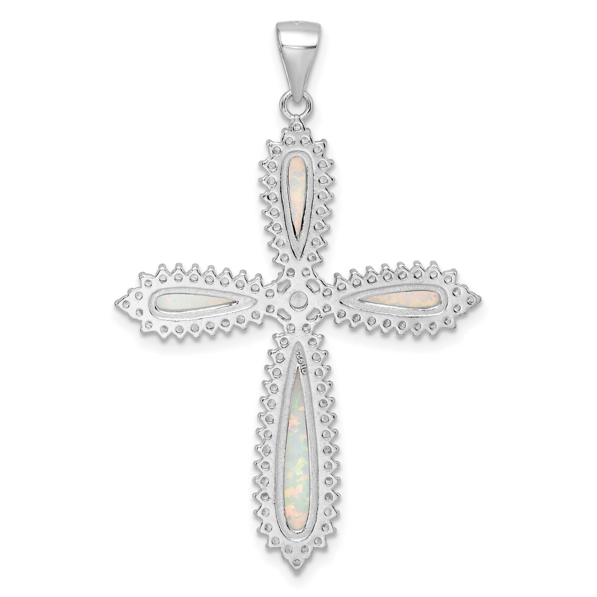 Sterling Silver Cross Pendant with Cubic Zirconia and Lab Created Opal, Teardrop Halo Design