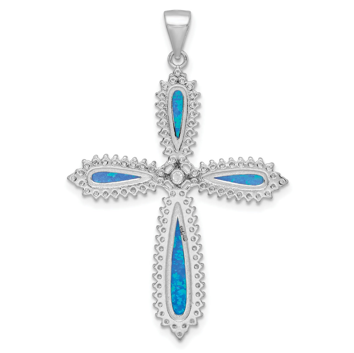 Sterling Silver Cross Pendant with Created Blue Opal and Cubic Zirconia, Teardrop Design