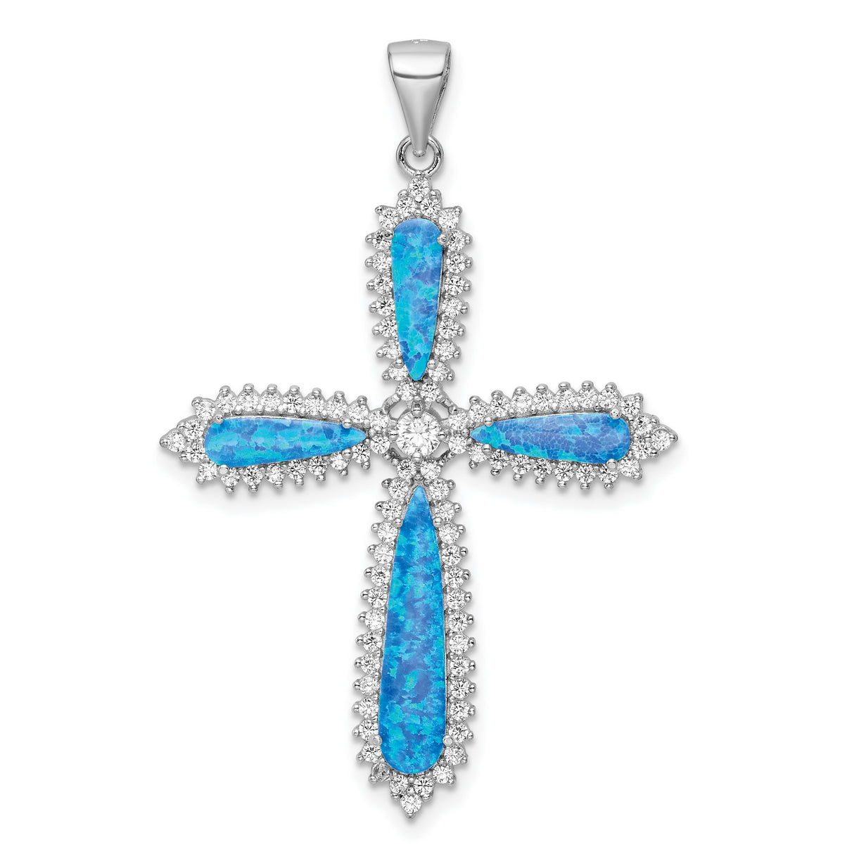 Sterling Silver Cross Pendant with Created Blue Opal and Cubic Zirconia, Teardrop Design