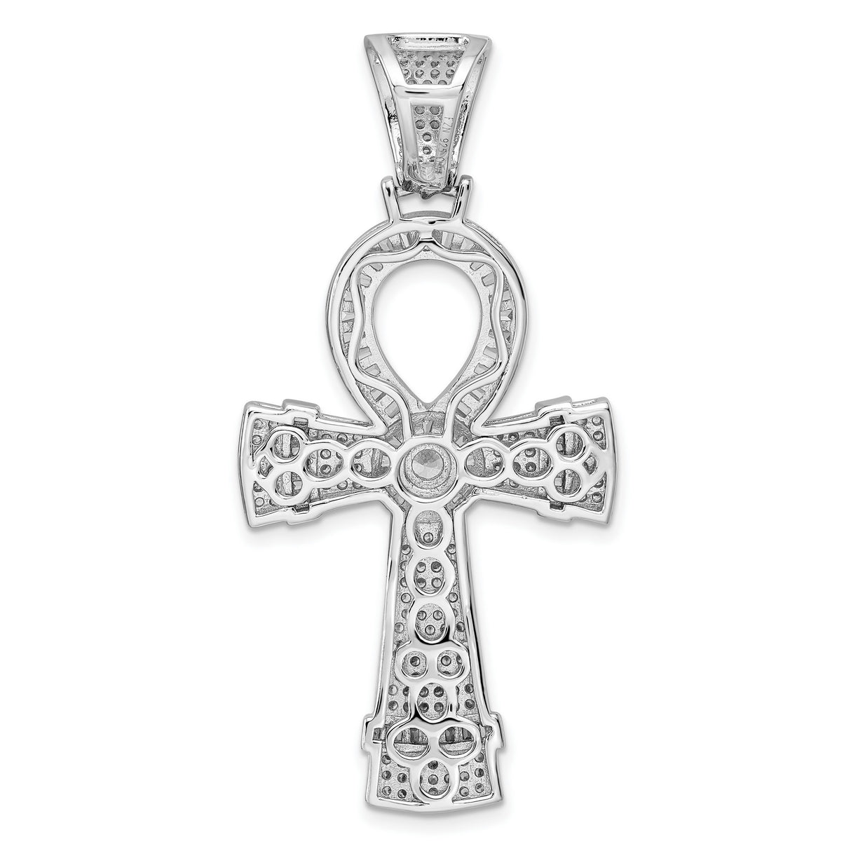 Sterling Silver Ankh Cross Pendant with Cubic Zirconia, Micro Pave Bail, Spiritual Design