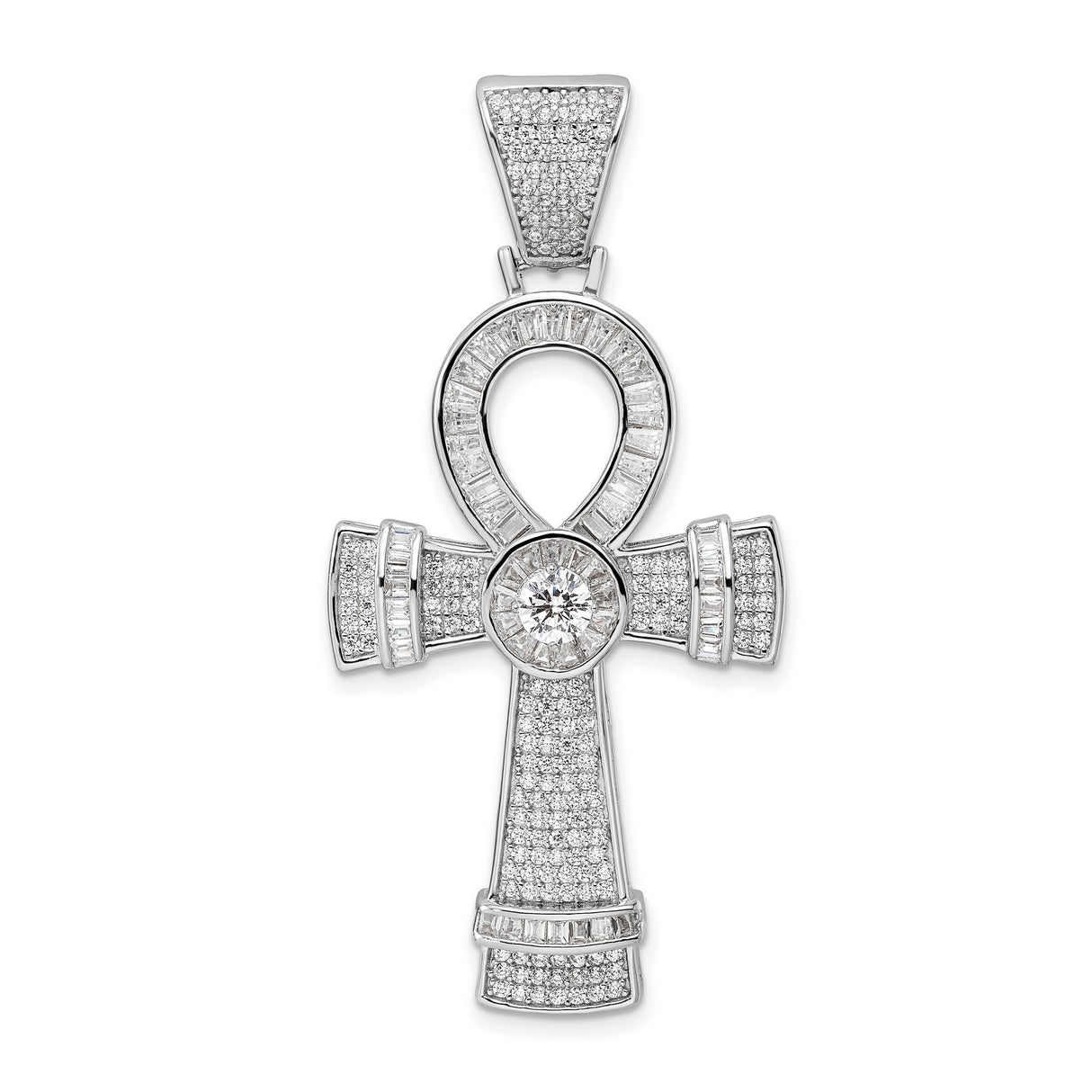 Sterling Silver Ankh Cross Pendant with Cubic Zirconia, Micro Pave Bail, Spiritual Design