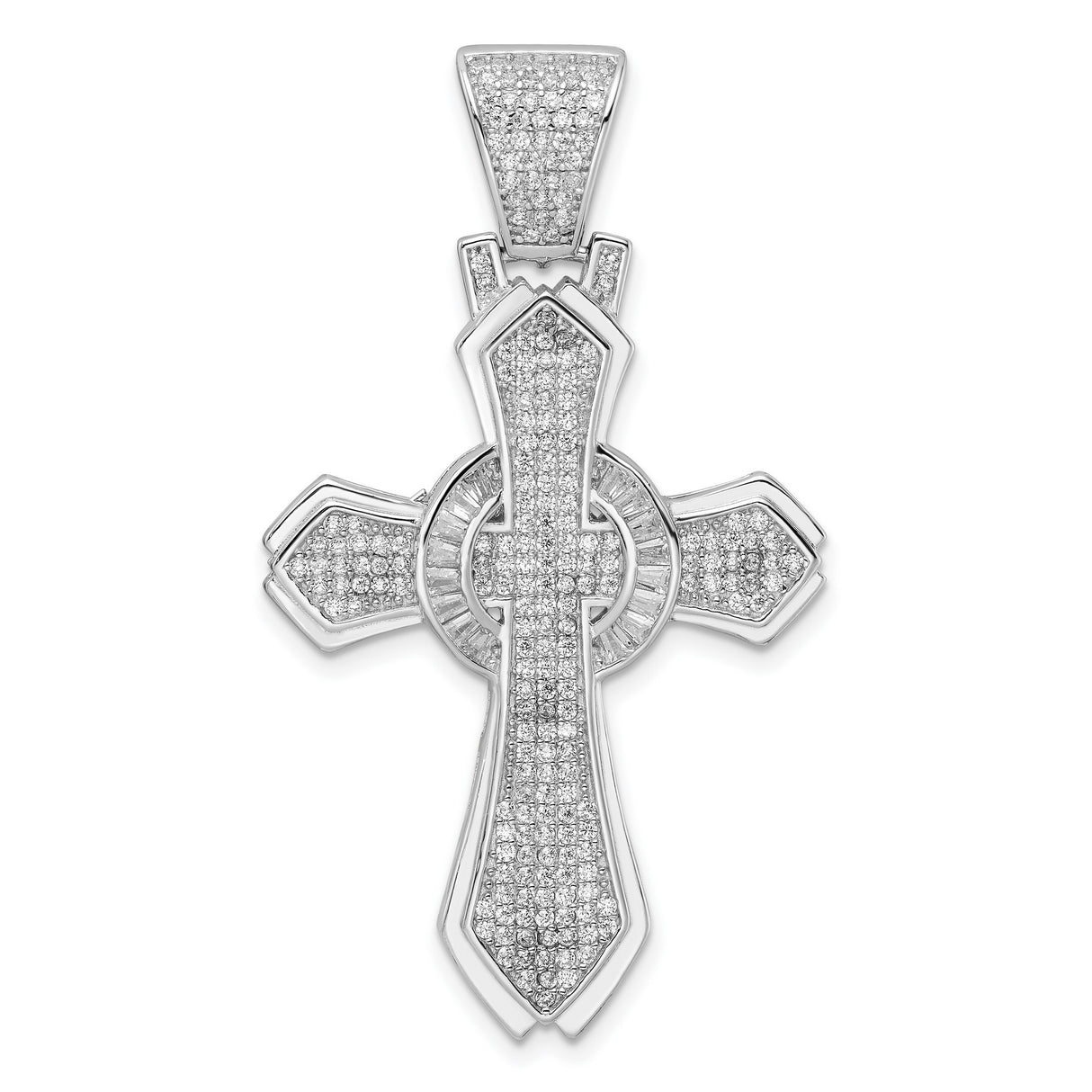 Sterling Silver Cross Pendant with Cubic Zirconia, Beveled Halo Design, Modern Religious Jewelry