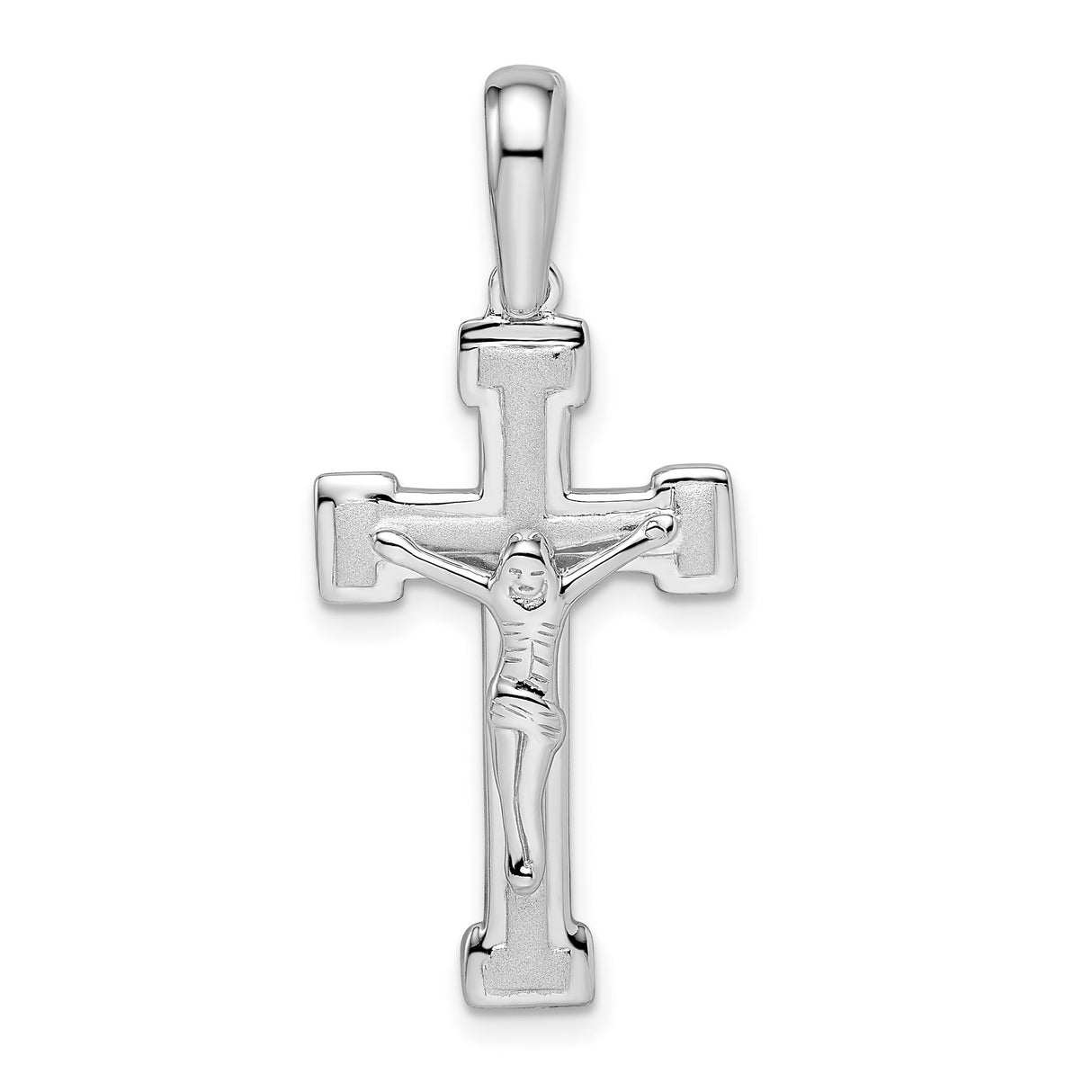 Sterling Silver Crucifix Cross Pendant with Reflective Finish and Beveled Edges
