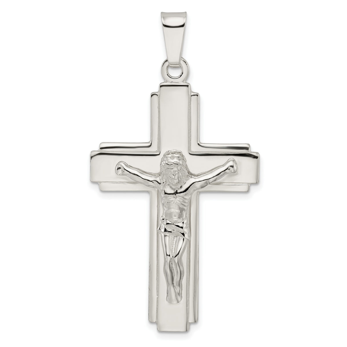 Sterling Silver Crucifix Pendant with High Relief Jesus Figure and Polished Cross Design