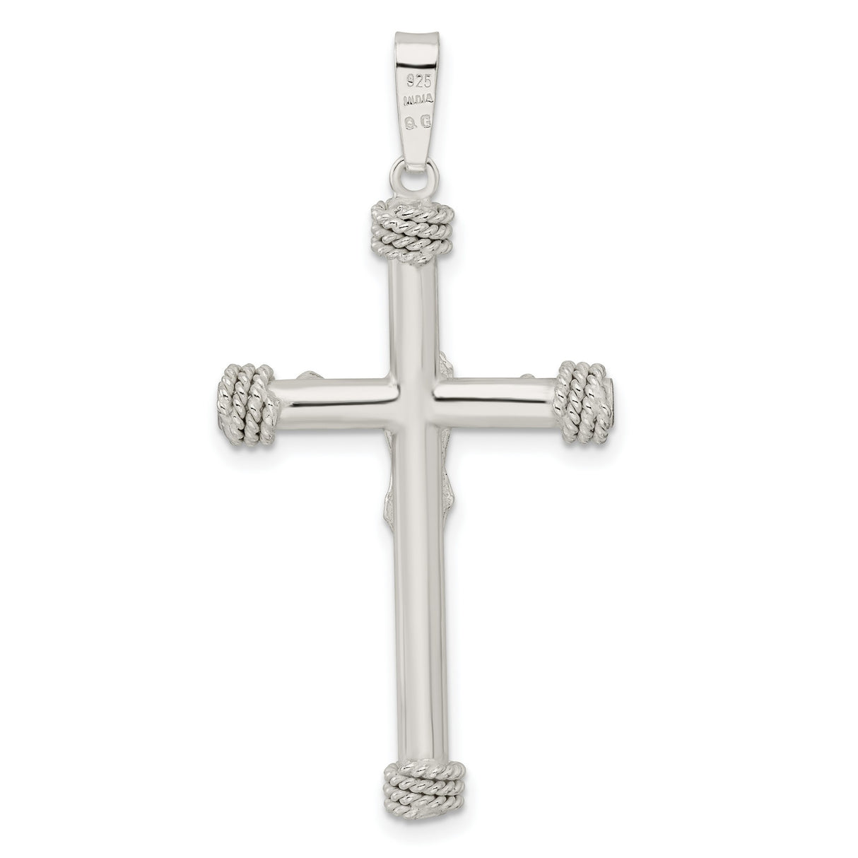 Sterling Silver Crucifix Pendant with Rope Detailing and Textured Ends for Men and Women